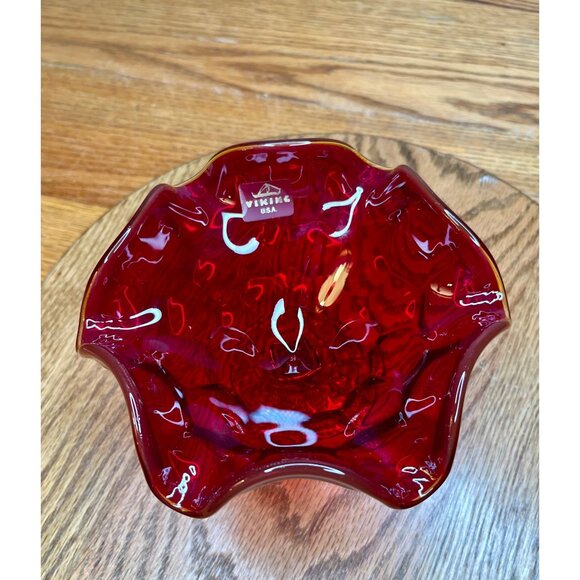 Vintage Viking Glass Ruby Red Amberina Georgian Ruffle Pedestal Bowl Compotewith - Picture 6 of 14